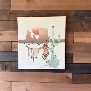 Vintage Southwestern Desert Canvas Wall Art Longhorn Cactus 70s